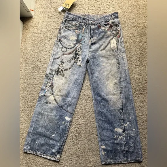 Streetwear Graphic Chain Print Wide Leg Jeans Men M 33 Boho Relaxed Denim NWT - Picture 13 of 13